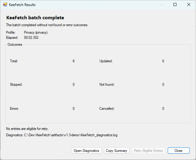 KeeFetch Results for a Privacy demo: 6 total, 6 updated, no misses, errors or cancellations.