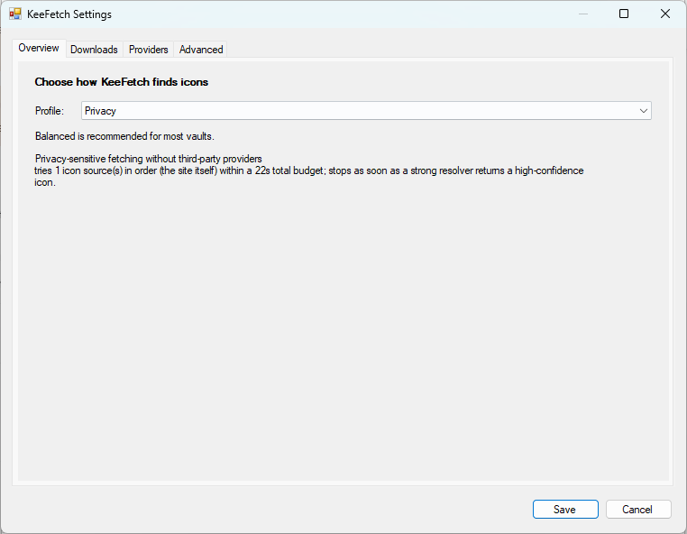 KeeFetch Settings Overview showing the Privacy profile.