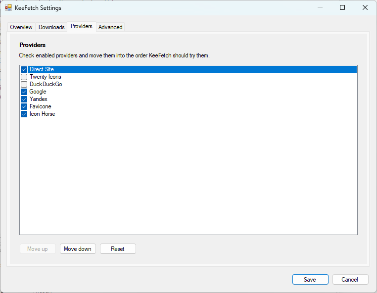 KeeFetch Settings Providers showing provider checkboxes and order controls.