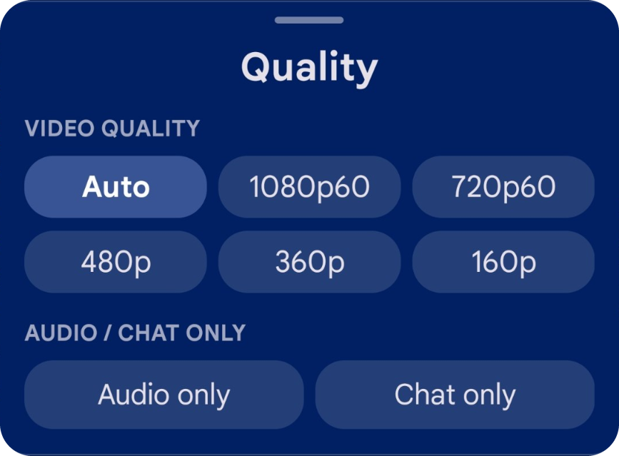 Video quality popup with Auto, 1080p60, 720p60, and audio/chat only controls